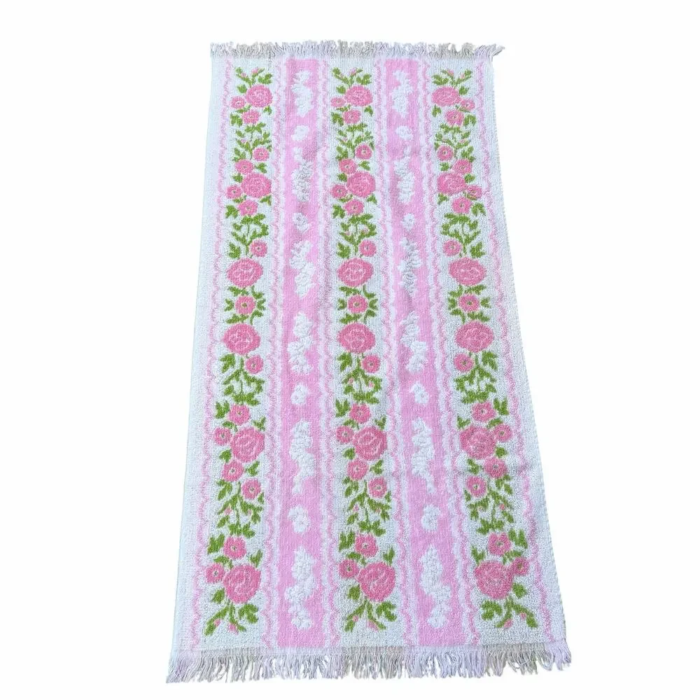 Vintage Cannon Monticello Bath Towel Floral Pink & Green Roses w/ Fringe Cottage